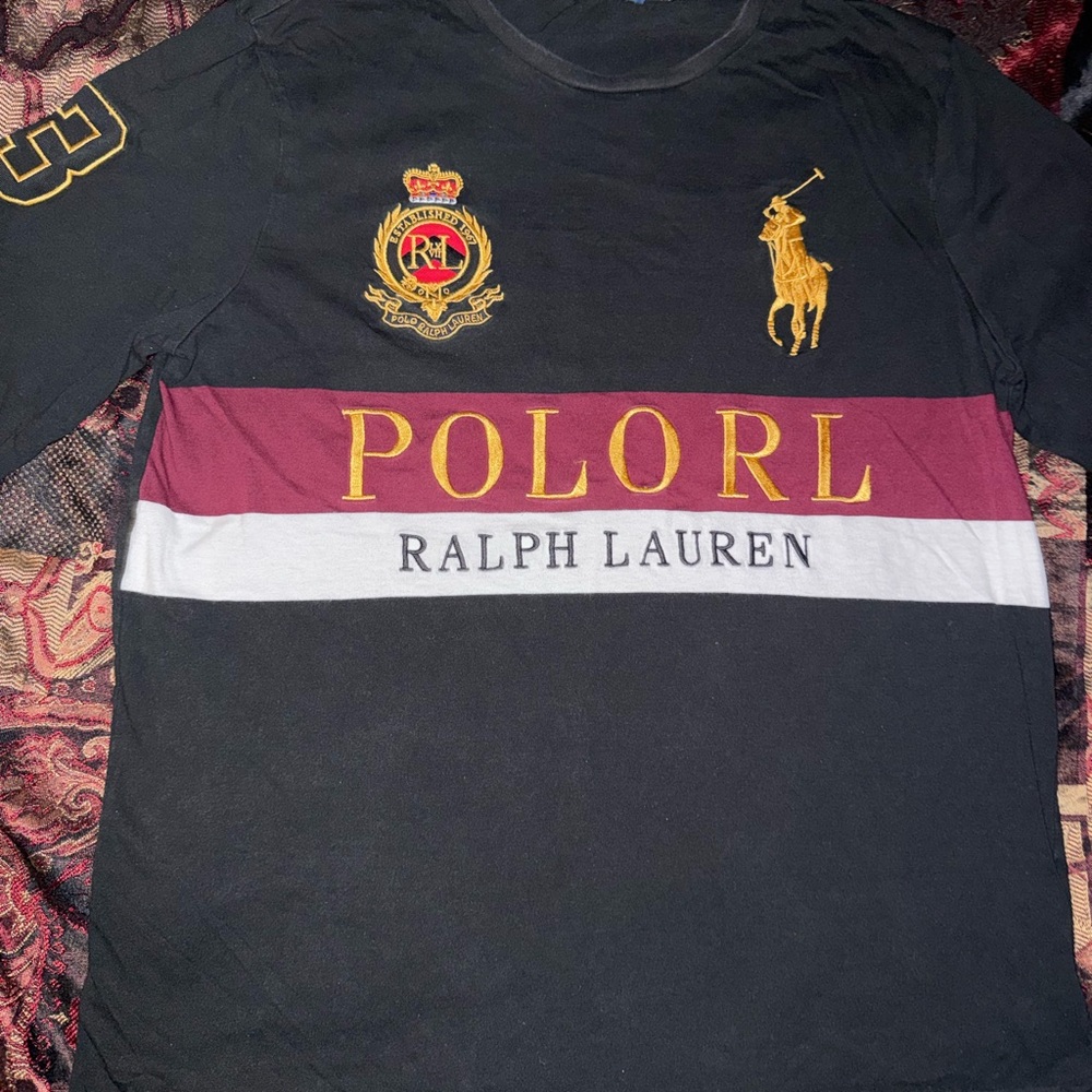 Polo by Ralph Lauren Black Burgundy White Gold Crest Logo Tee